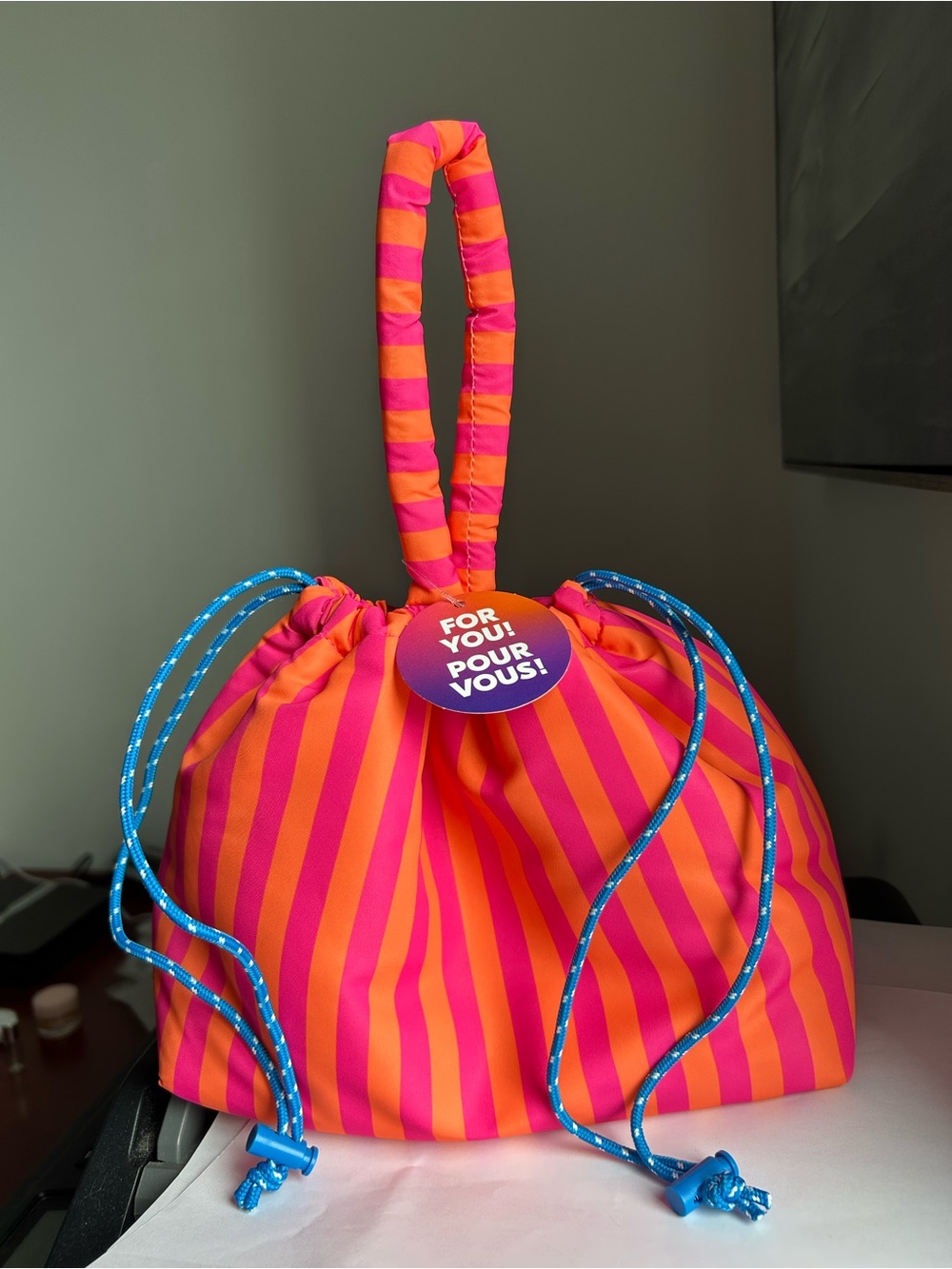 Pink & Orange Striped Drawstring Wristlet bag